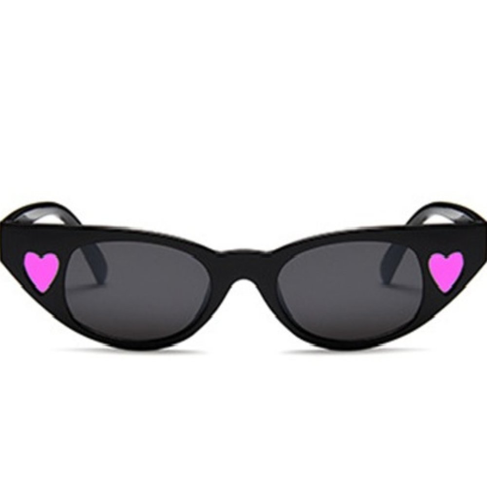 Women's Sunglasses Small Modern Rectangular Black with PInk Heart Accents
